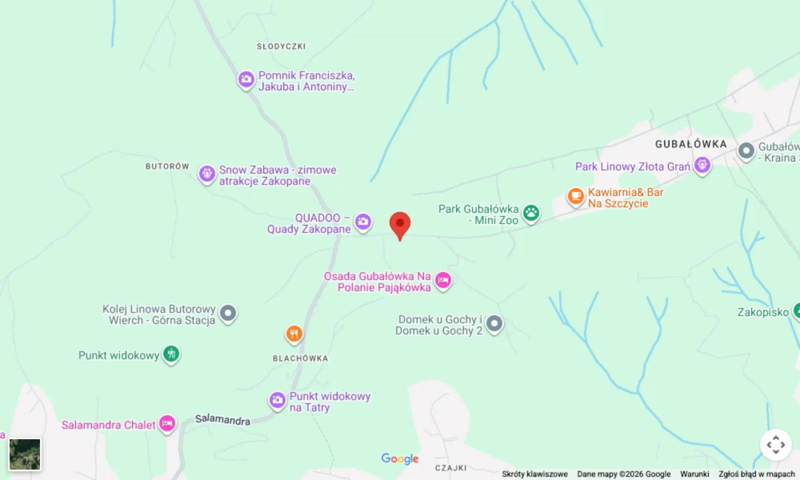 Mapa – baza startowa SAFARI, ul. Butorów 5, Kościelisko