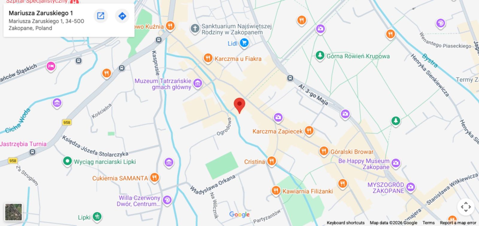 Mapa – biuro SAFARI Tours, ul. Zaruskiego 1, Zakopane